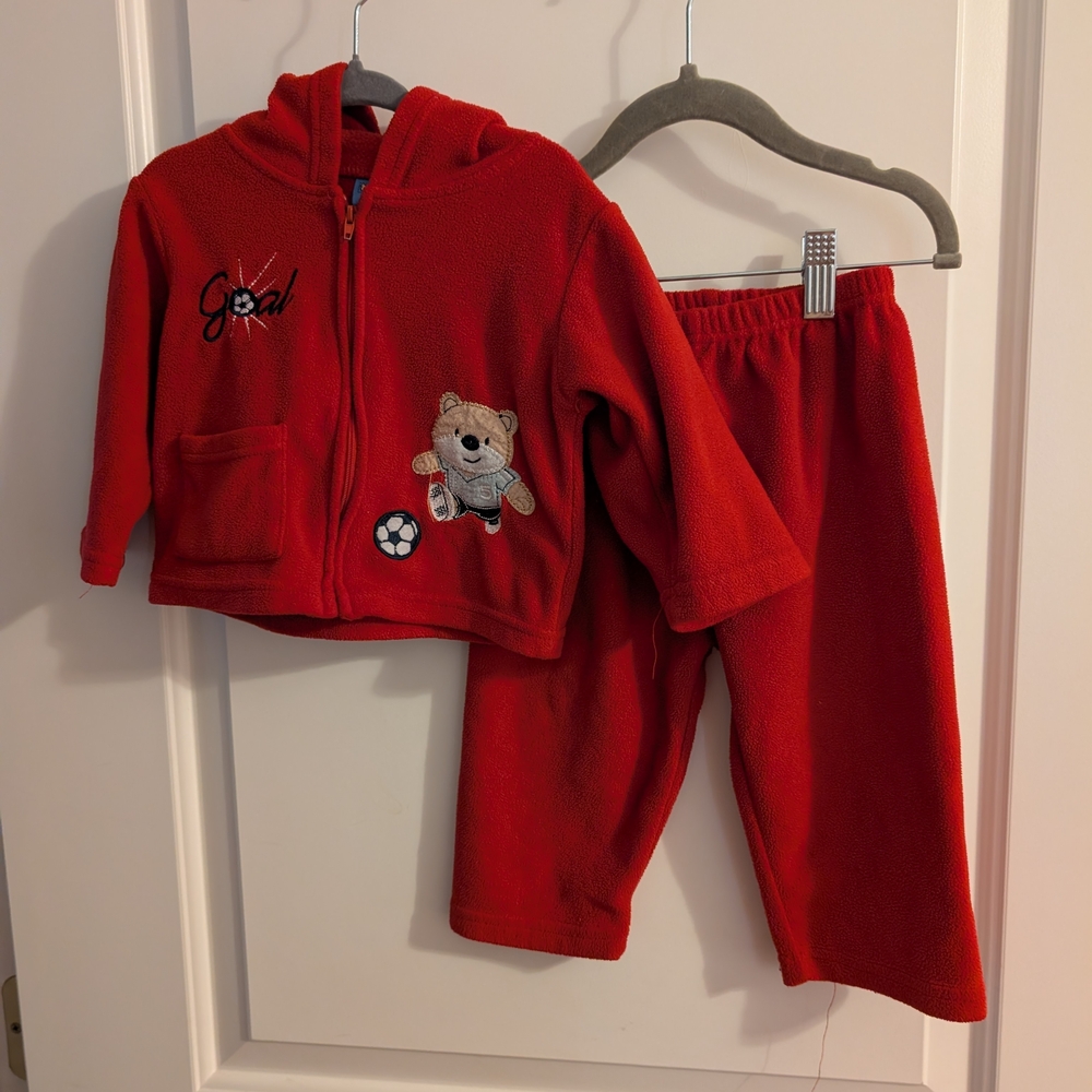 Vintage Red Fleece Set With‎ Soccer Embroidery